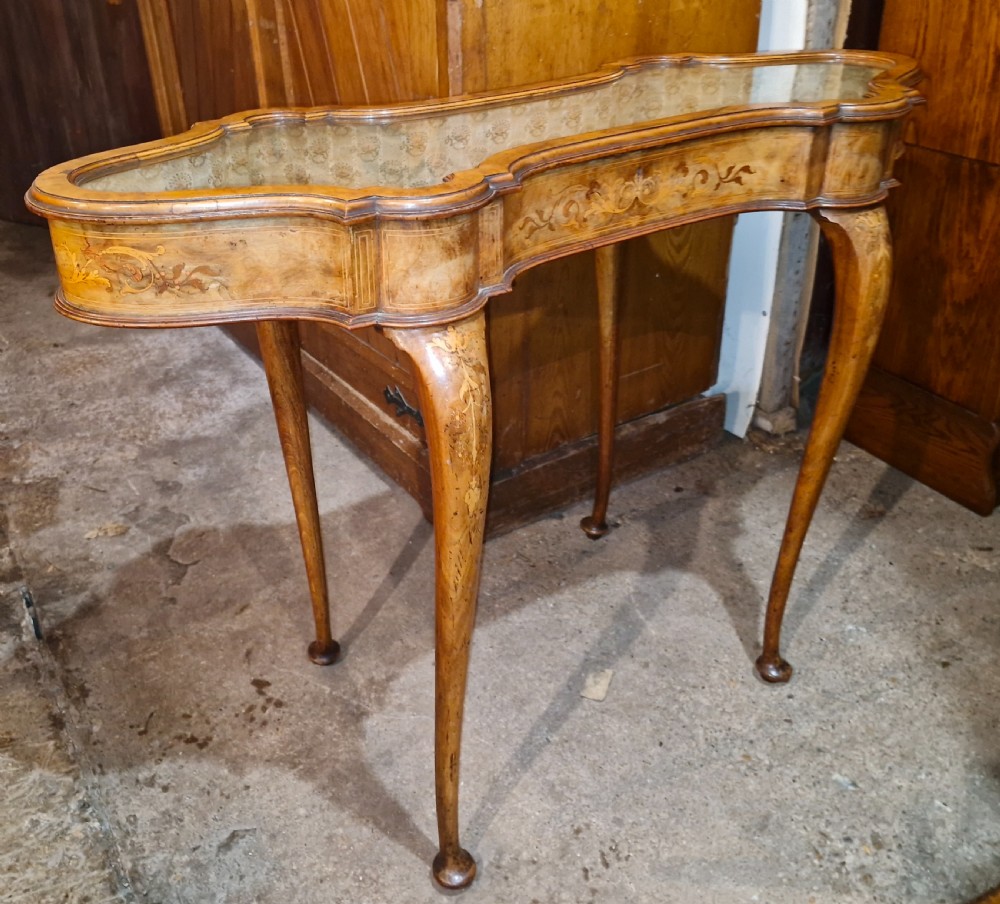 Pretty inlaid unusual shaped top walnut bijouterie display table. View VI