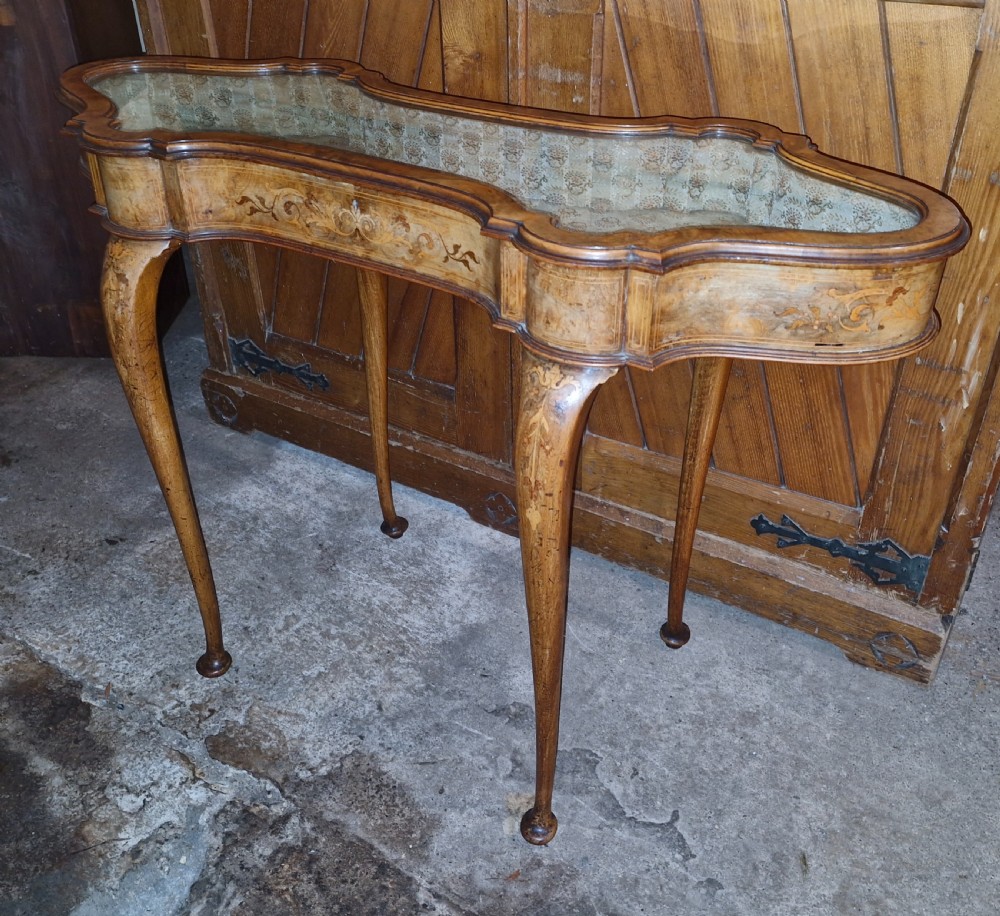 Pretty inlaid unusual shaped top walnut bijouterie display table. View IX