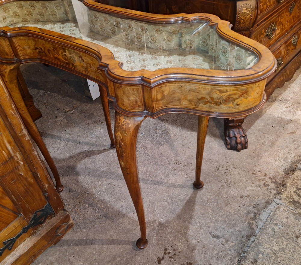 Pretty inlaid unusual shaped top walnut bijouterie display table. View X