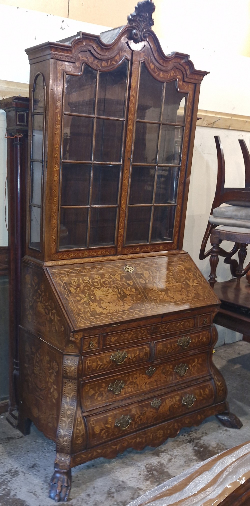 Late 18th century burr walnut Dutch marquetry bureau bookcase. 