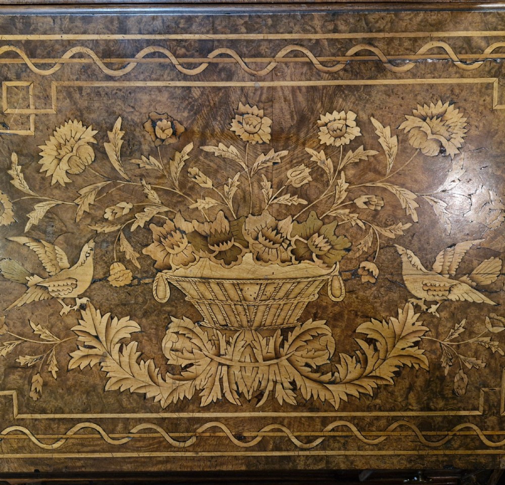 Late 18th century burr walnut Dutch marquetry bureau bookcase.  View IX
