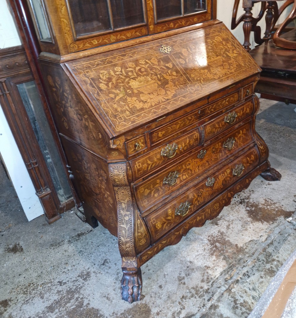 Late 18th century burr walnut Dutch marquetry bureau bookcase.  View XVII