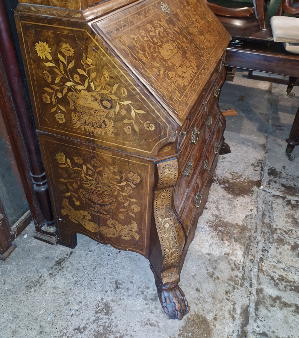 Late 18th century burr walnut Dutch marquetry bureau bookcase.  View XVIII