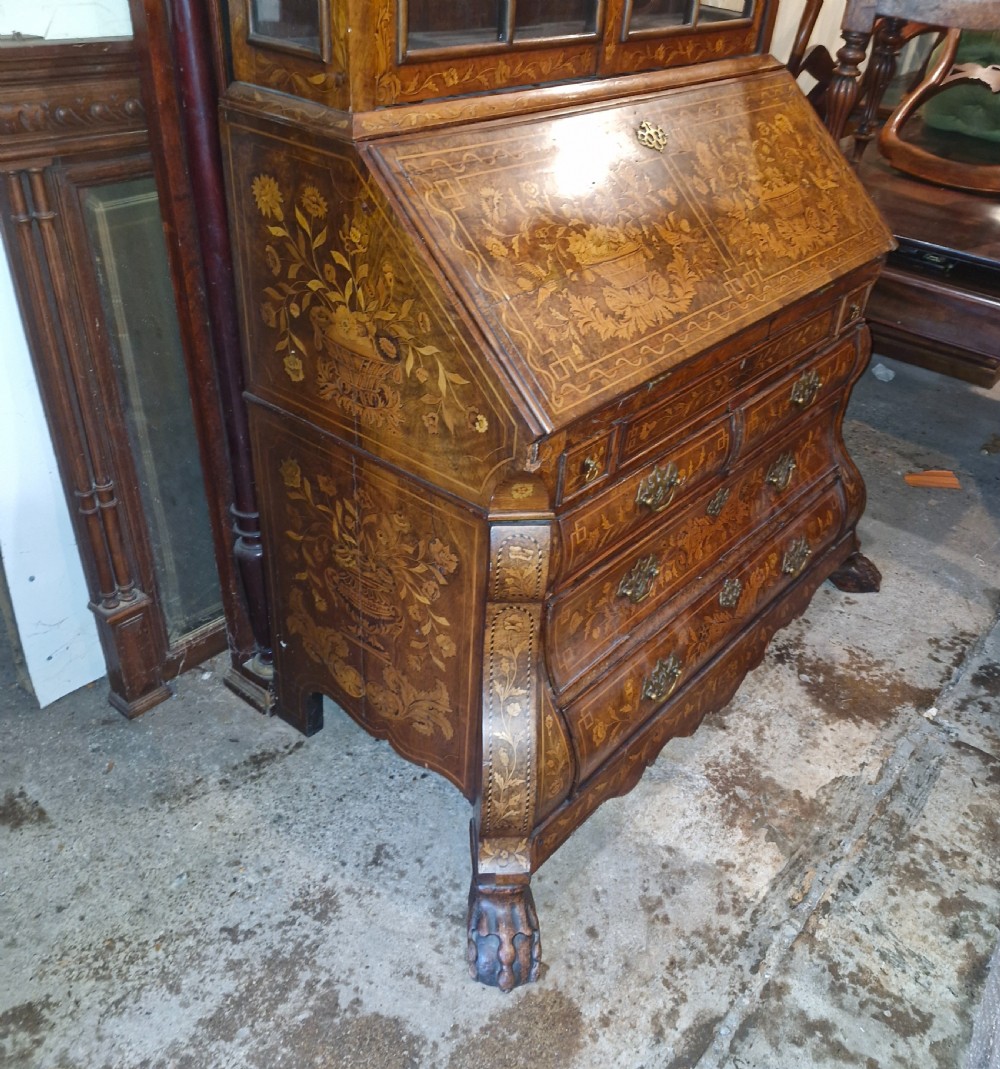 Late 18th century burr walnut Dutch marquetry bureau bookcase.  View XIX