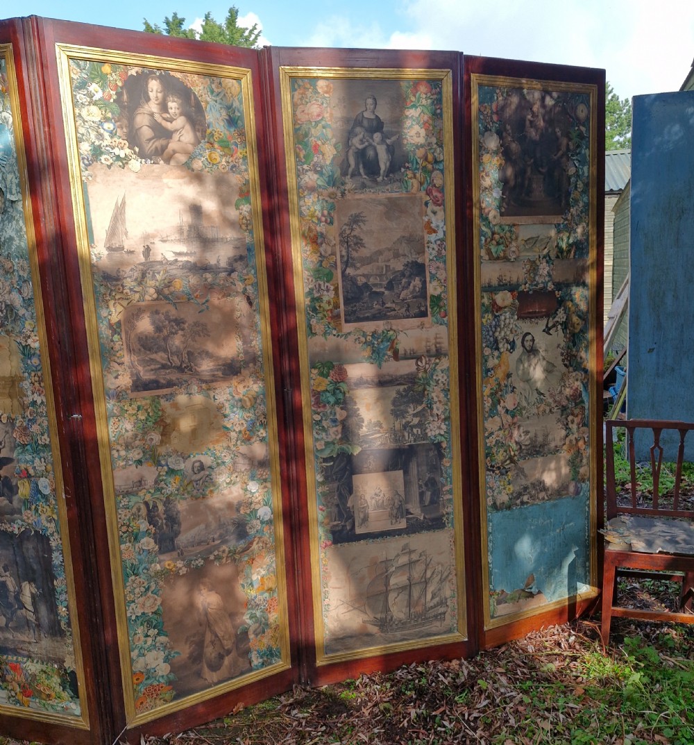 A mid-nineteenth-century four-fold mahogany draught screen featuring decoupage panels of classical prints and floral borders set within gilded inner frames. View VIII