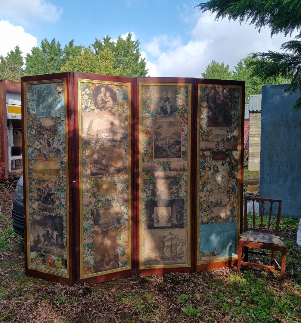 A mid-nineteenth-century four-fold mahogany draught screen featuring decoupage panels of classical prints and floral borders set within gilded inner frames. View IX