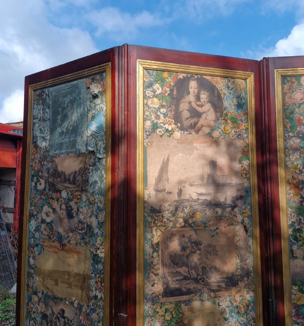 A mid-nineteenth-century four-fold mahogany draught screen featuring decoupage panels of classical prints and floral borders set within gilded inner frames. View XIV
