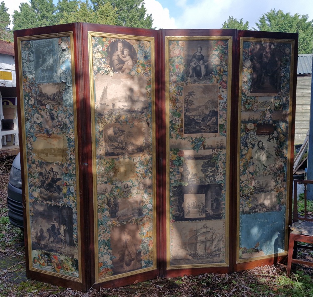 A mid-nineteenth-century four-fold mahogany draught screen featuring decoupage panels of classical prints and floral borders set within gilded inner frames. View XV