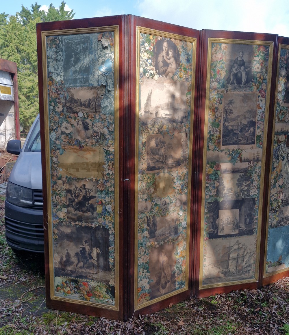 A mid-nineteenth-century four-fold mahogany draught screen featuring decoupage panels of classical prints and floral borders set within gilded inner frames. View XVI