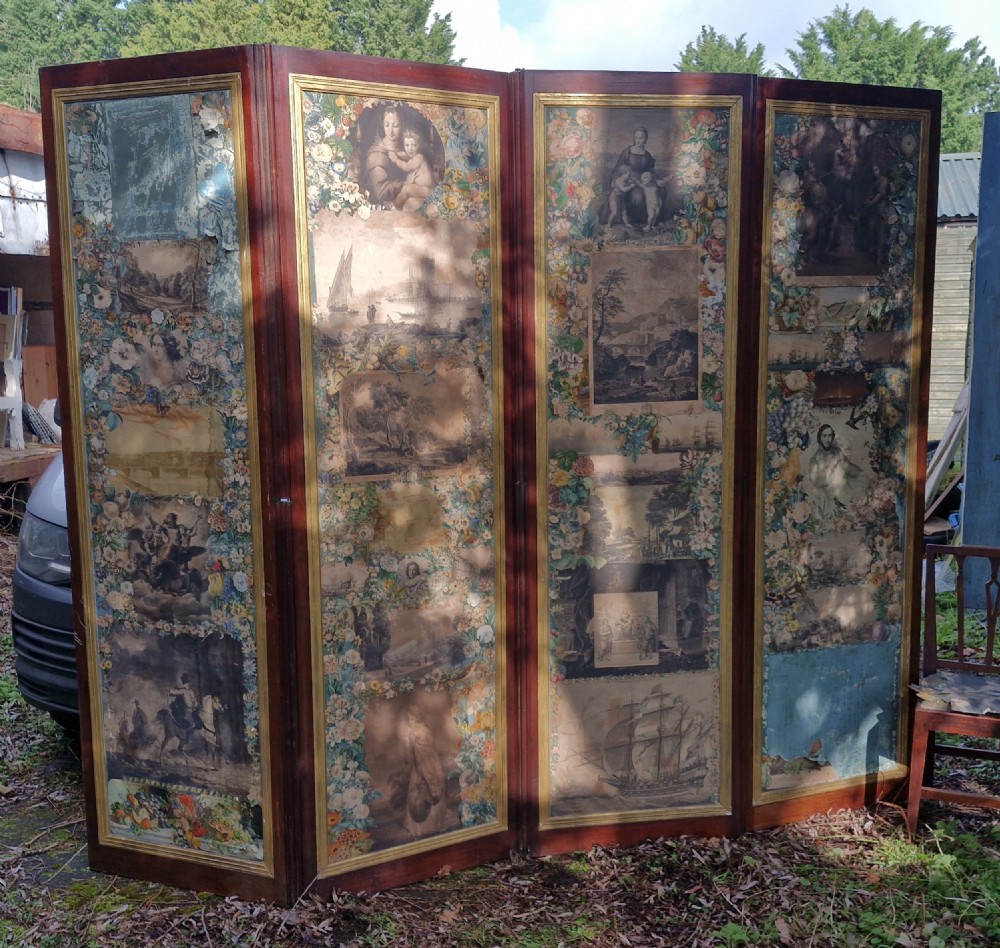 A mid-nineteenth-century four-fold mahogany draught screen featuring decoupage panels of classical prints and floral borders set within gilded inner frames. View XXV