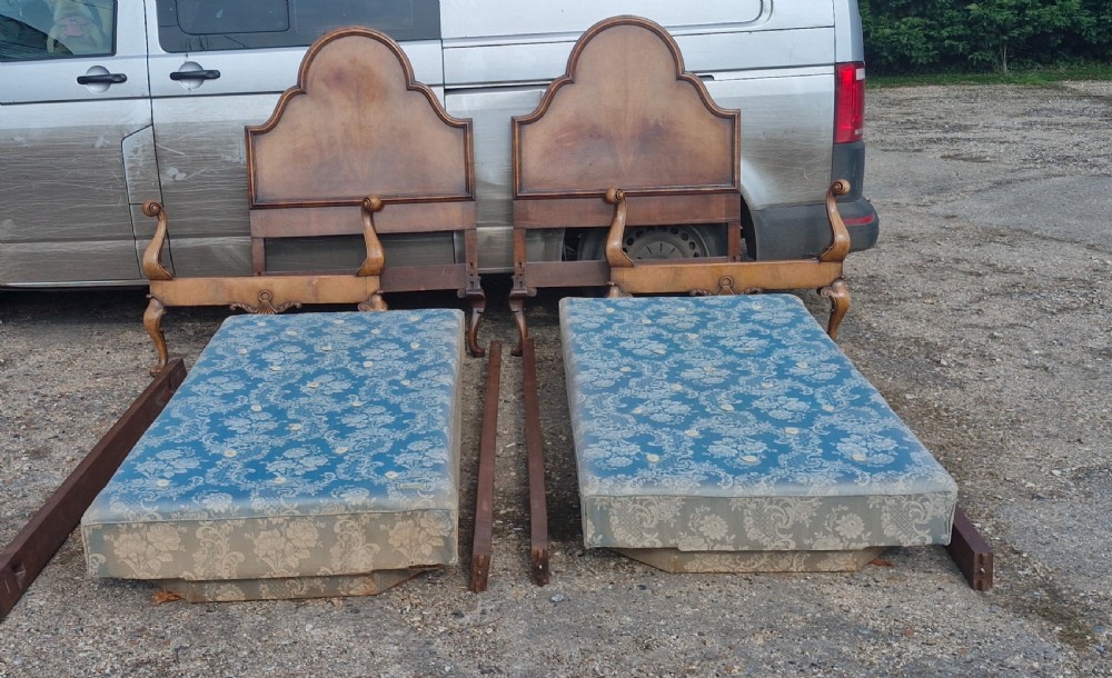 Pair of walnut single beds by Harrods of London  View II