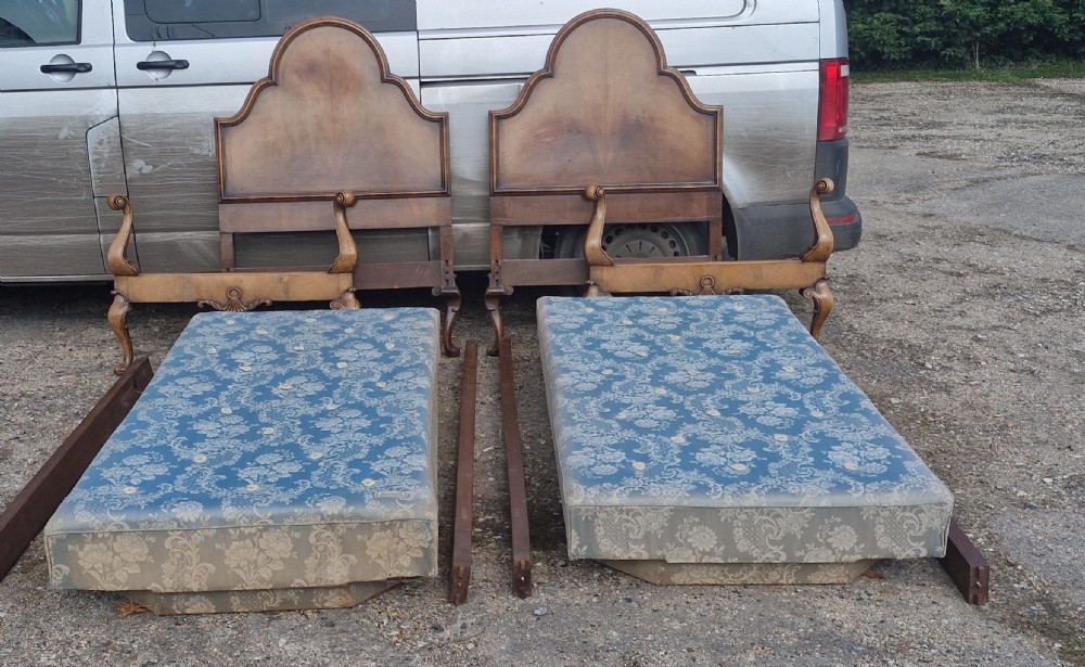 Pair of walnut single beds by Harrods of London  View III