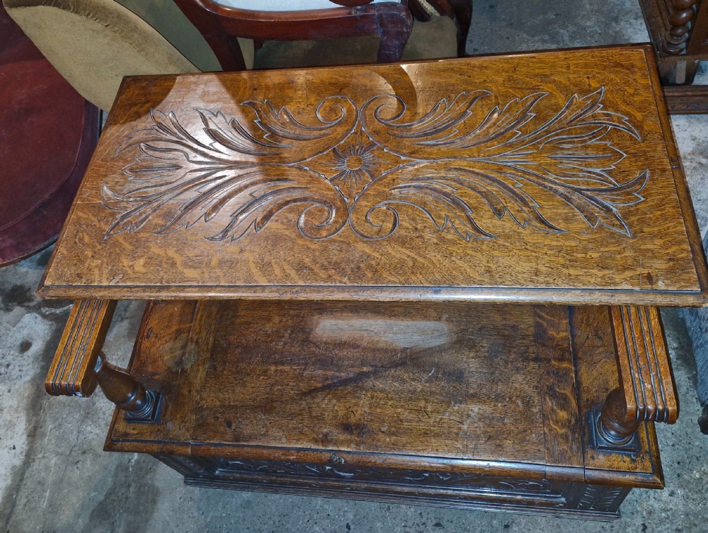 Late Victorian carved oak hall seat - Monks Bench. View IV