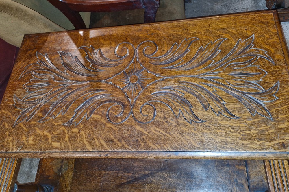 Late Victorian carved oak hall seat - Monks Bench. View V