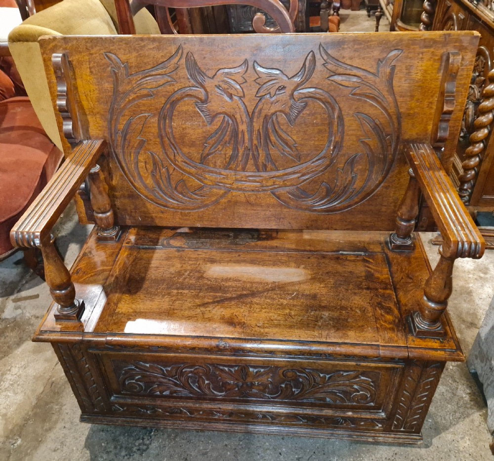 Late Victorian carved oak hall seat - Monks Bench. View VI