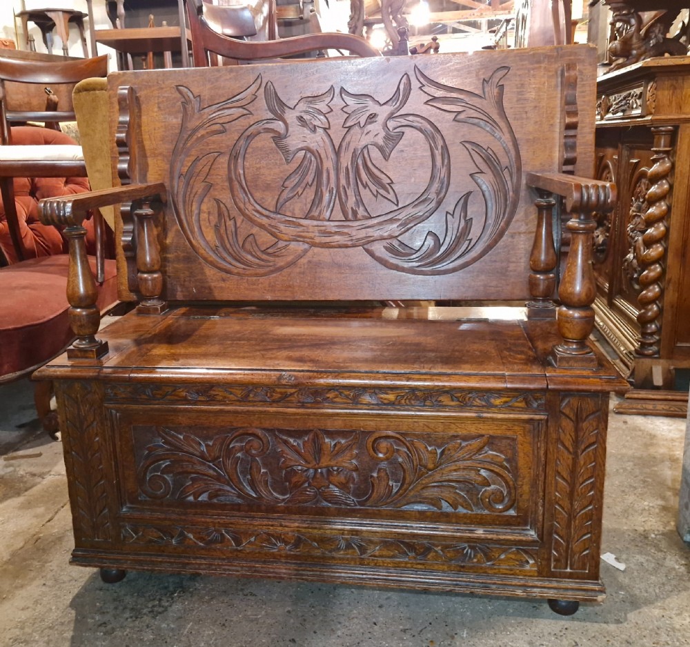 Late Victorian carved oak hall seat - Monks Bench. View VIII