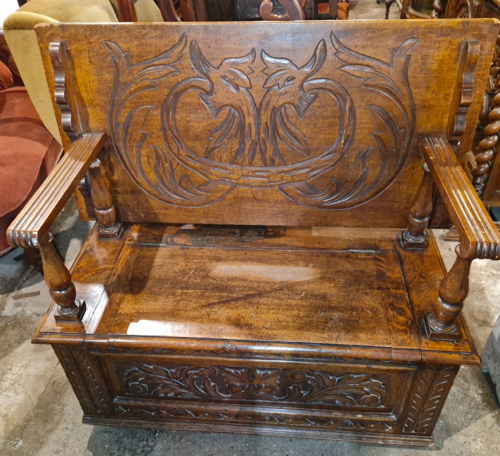 Late Victorian carved oak hall seat - Monks Bench. View IX