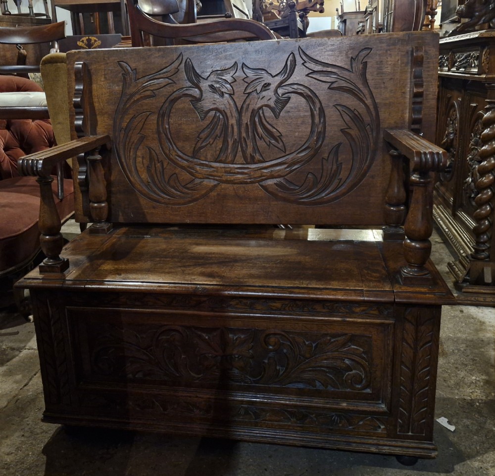 Late Victorian carved oak hall seat - Monks Bench. View X