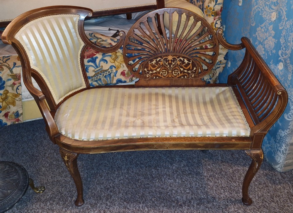 Edwardian bone inlaid fan back window seat .