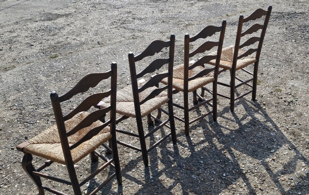 Set of 4 oak farmhouse rush seat kitchen chairs. View IV