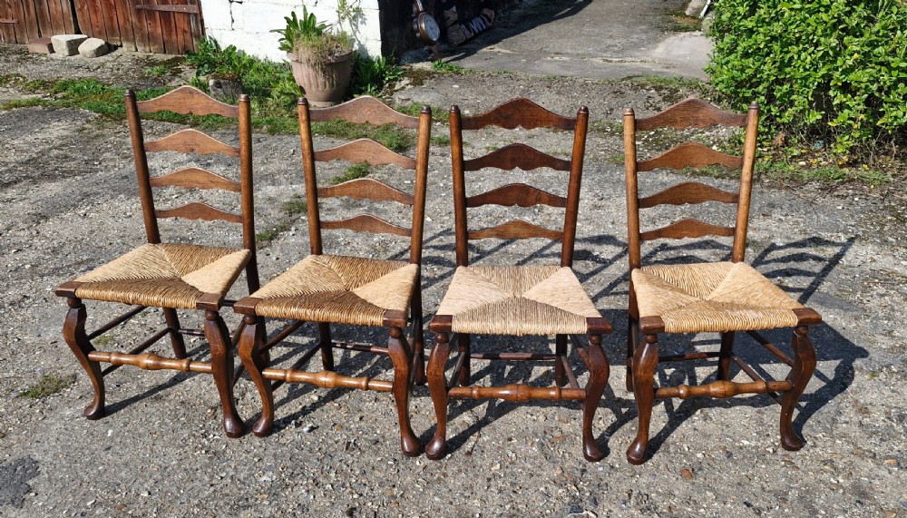 Set of 4 oak farmhouse rush seat kitchen chairs. View VI