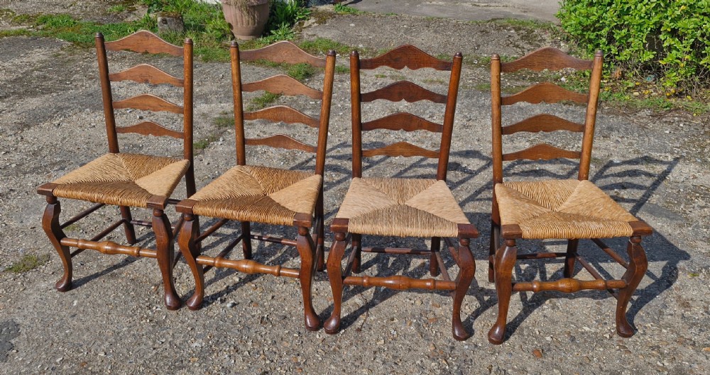 Set of 4 oak farmhouse rush seat kitchen chairs. View VII