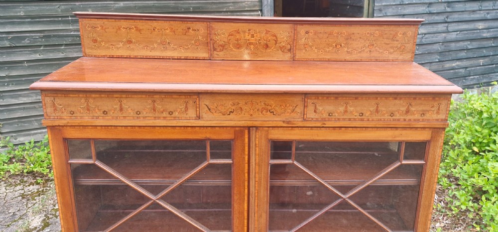 Edwardian inlaid mahogany 2 door bookcase cabinet.  View IV