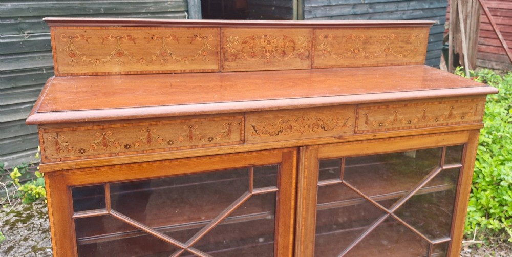 Edwardian inlaid mahogany 2 door bookcase cabinet.  View V