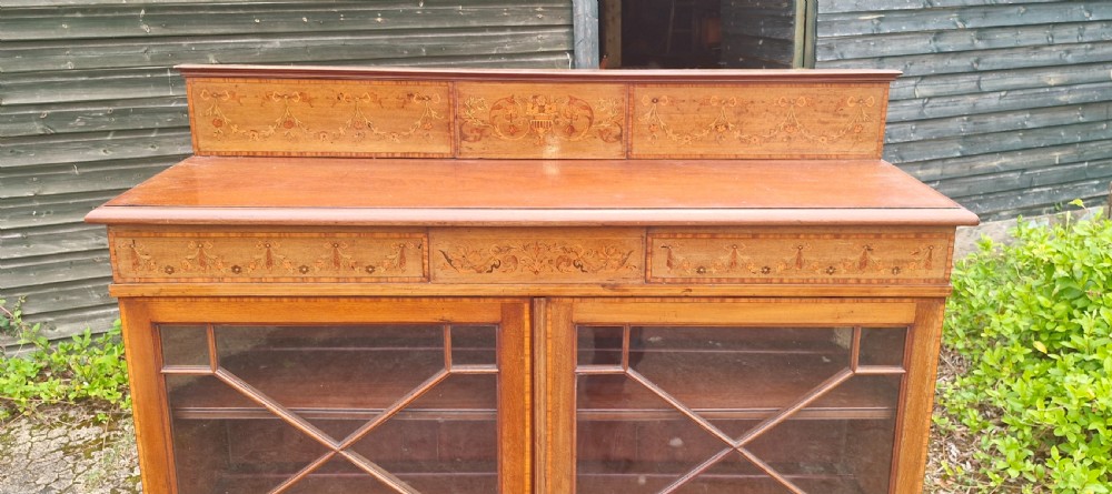 Edwardian inlaid mahogany 2 door bookcase cabinet.  View VI