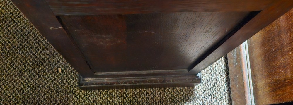 Late Victorian carved oak Greenman pedestal desk.  View V