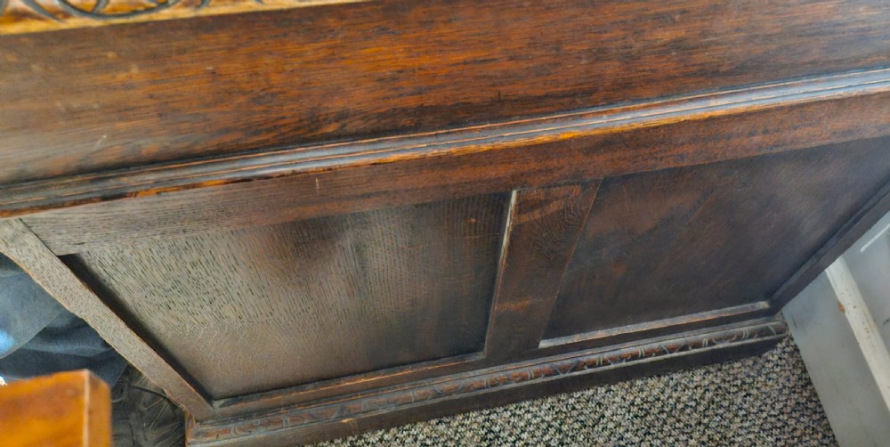 Late Victorian carved oak Greenman pedestal desk.  View X