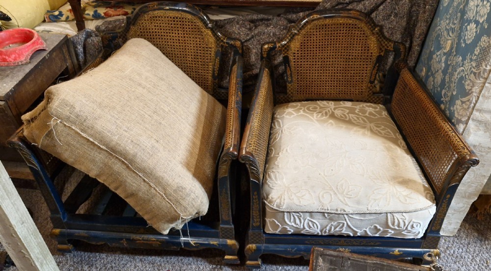 Pair of blue lacquered bergere armchairs for reupholstering.  View II