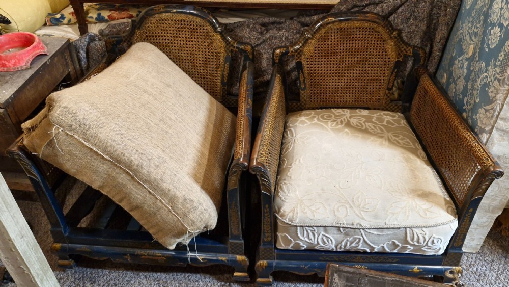 Pair of blue lacquered bergere armchairs for reupholstering.  View IV