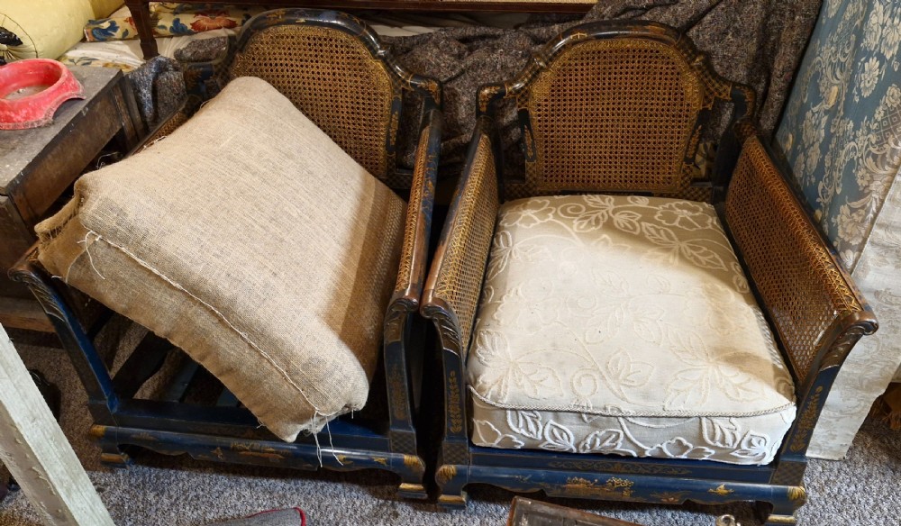 Pair of blue lacquered bergere armchairs for reupholstering.  View VIII
