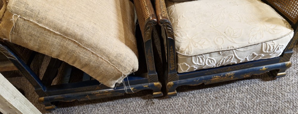 Pair of blue lacquered bergere armchairs for reupholstering.  View XVI