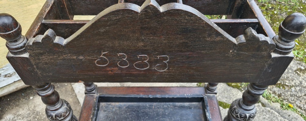 Late Victorian carved oak hallway umbrella and stick stand.  View V