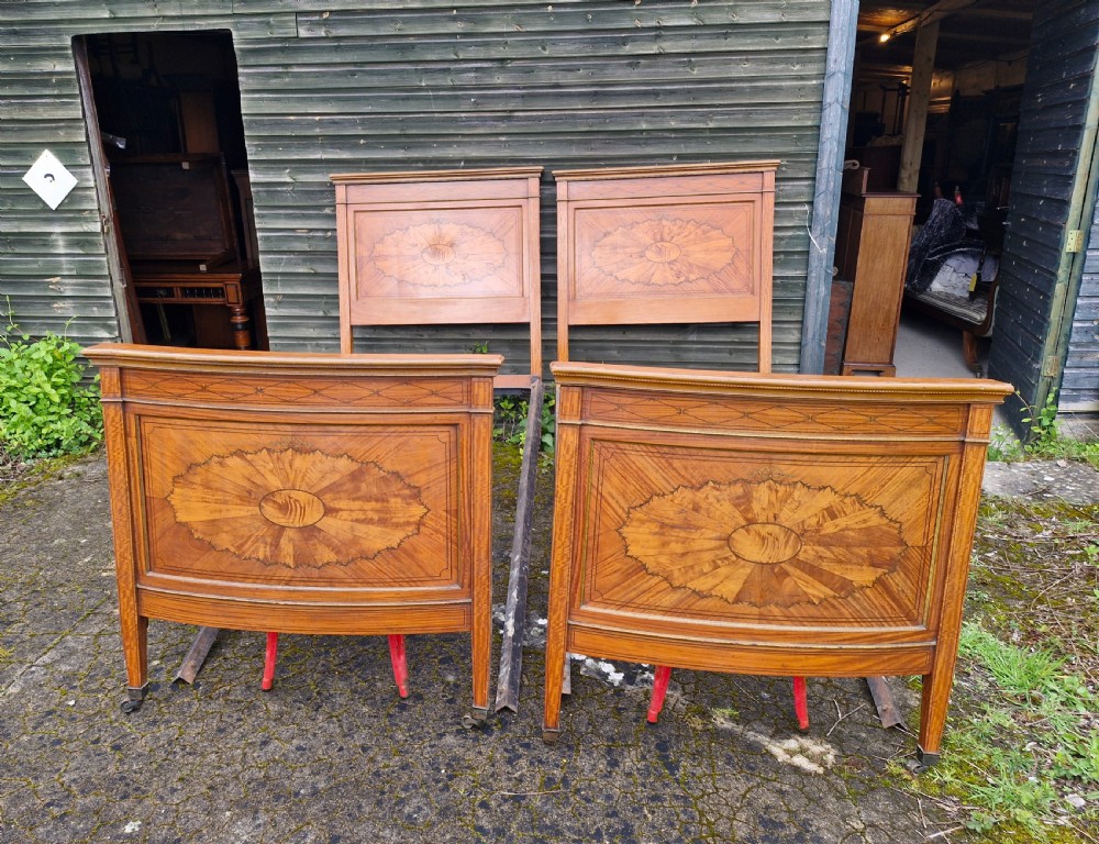 Pair of inlaid satinwood Edwardian single beds. View III