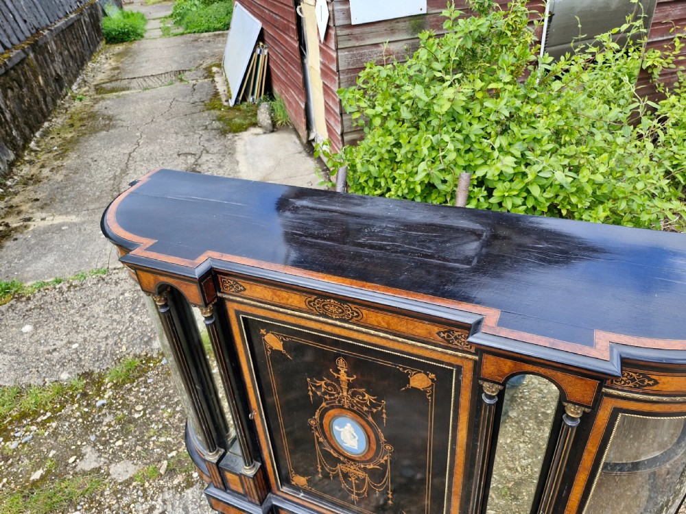 Victorian inlaid Ebonised credenza side cabinet.  View VI