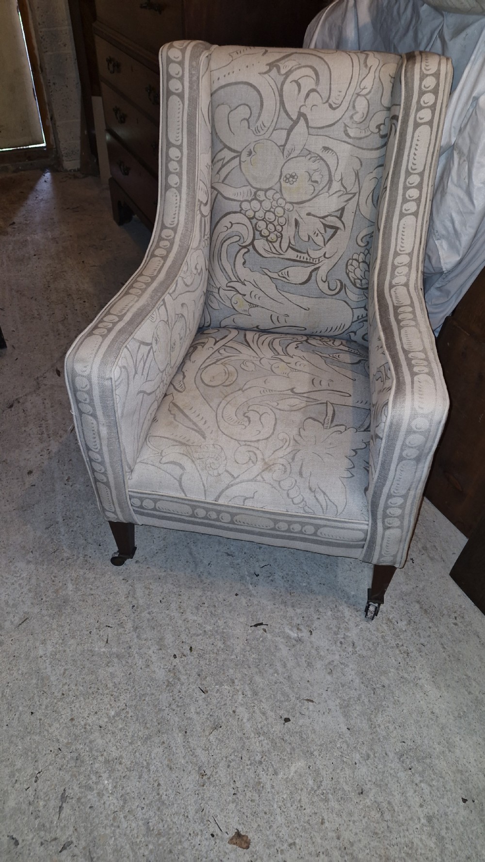 Edwardian mahogany upholstered armchair.  View VI