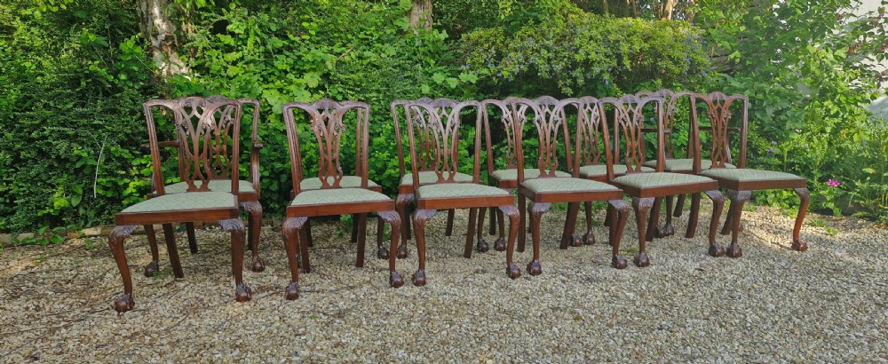 Set of 12 Edwardian mahogany Chippendale style dining chairs.  View II