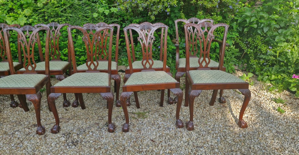 Set of 12 Edwardian mahogany Chippendale style dining chairs.  View III