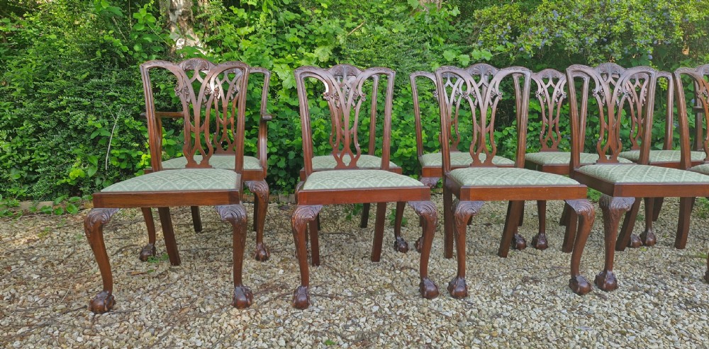 Set of 12 Edwardian mahogany Chippendale style dining chairs.  View IV