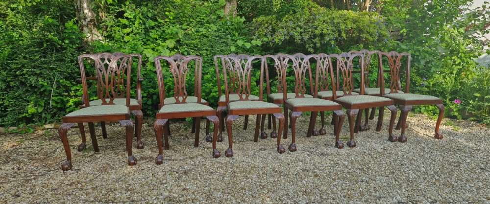 Set of 12 Edwardian mahogany Chippendale style dining chairs.  View V