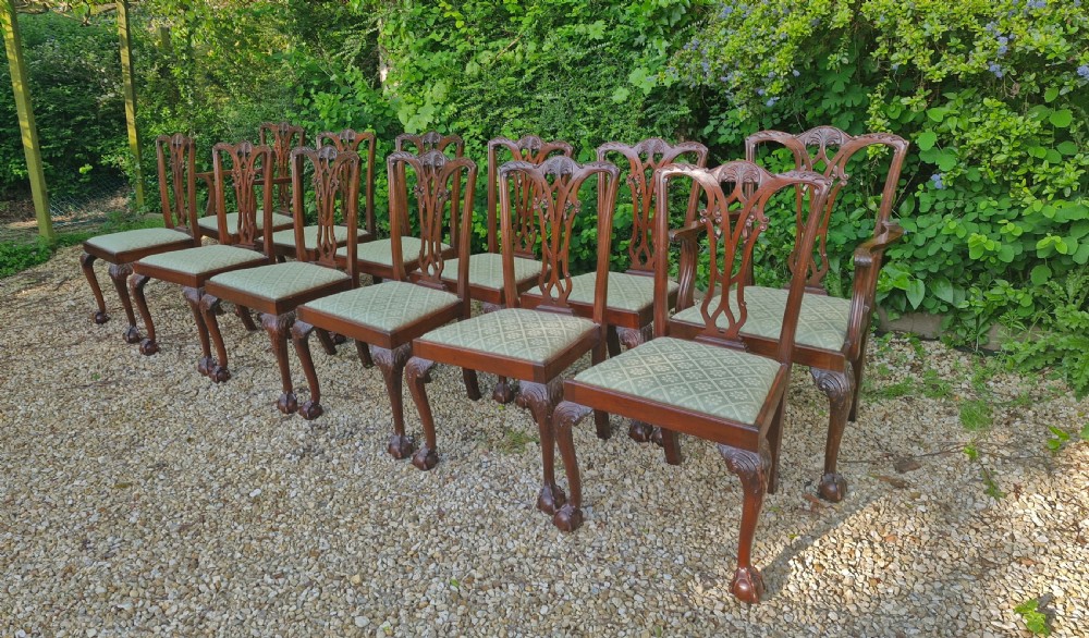 Set of 12 Edwardian mahogany Chippendale style dining chairs.  View VI