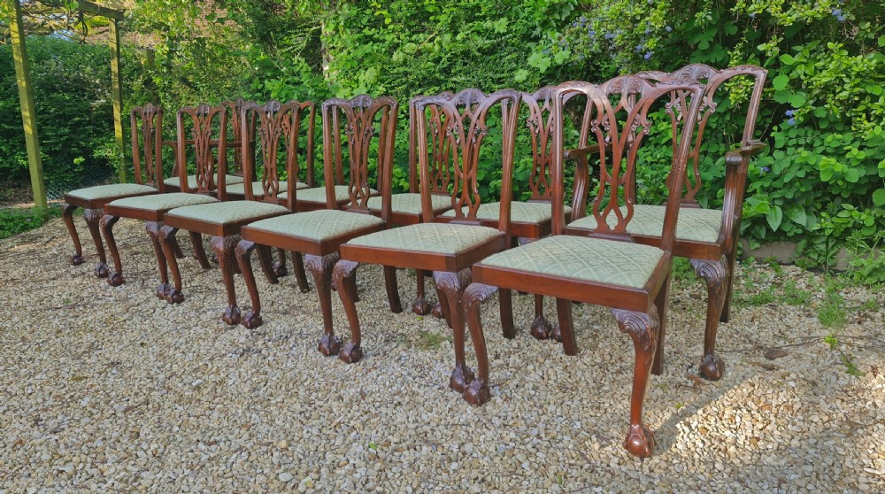 Set of 12 Edwardian mahogany Chippendale style dining chairs.  View VII