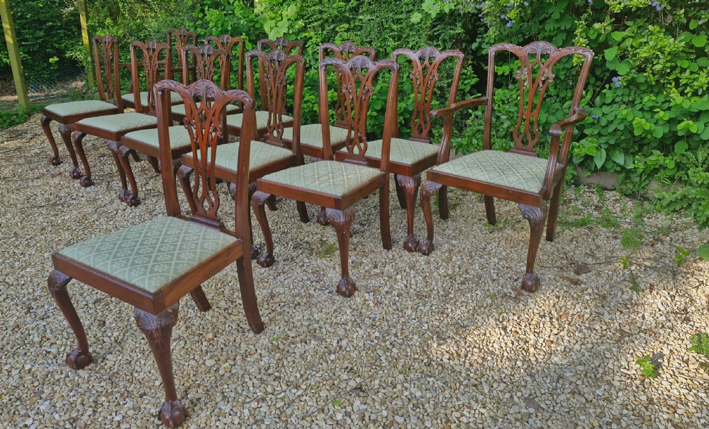 Set of 12 Edwardian mahogany Chippendale style dining chairs.  View VIII