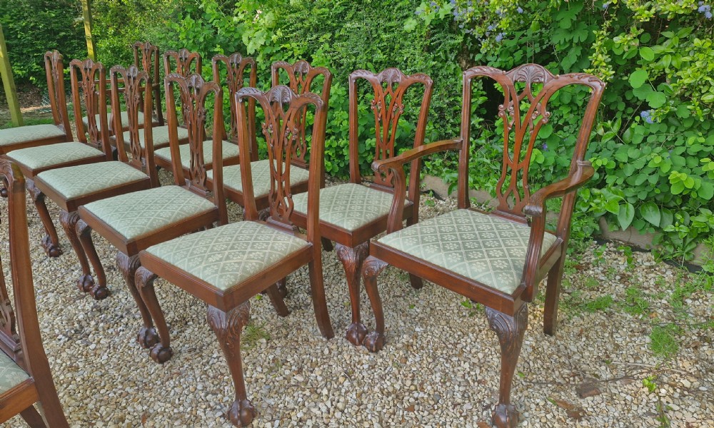 Set of 12 Edwardian mahogany Chippendale style dining chairs.  View IX