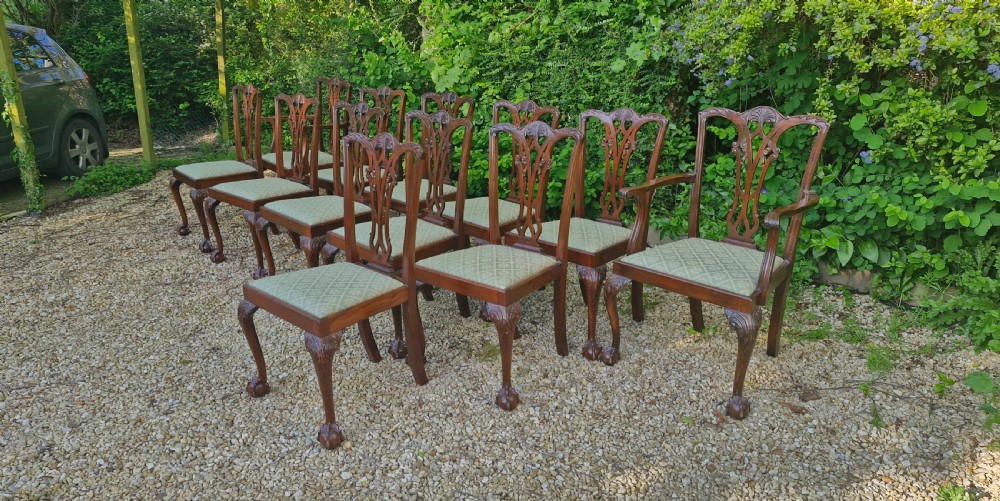 Set of 12 Edwardian mahogany Chippendale style dining chairs.  View XIII