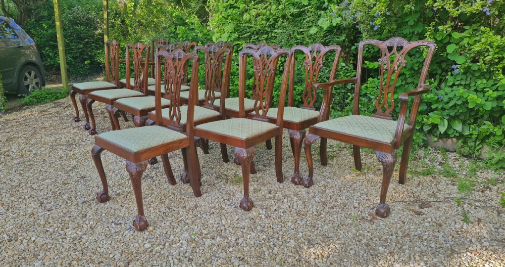 Set of 12 Edwardian mahogany Chippendale style dining chairs.  View XIV