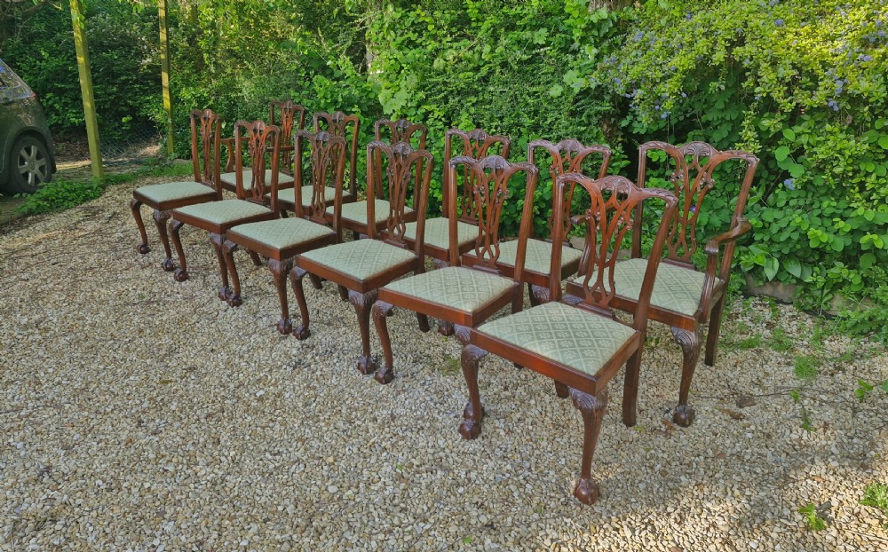 Set of 12 Edwardian mahogany Chippendale style dining chairs.  View XVI